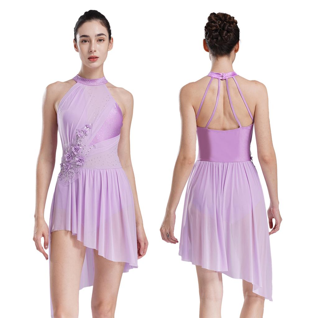 Women Applique Lyrical Contemporary Dancewear High-Low Mesh Splice Skirted Fancy Skating Costume Ballet Dresses Dancing Party