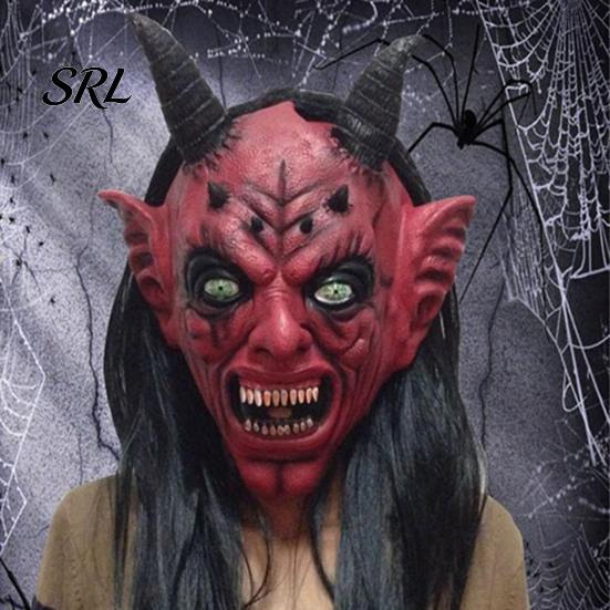 Horror Movie Character Headgear Halloween Satan Devil Mask, Realistic Full Head Latex Costume with Long Breathable Mask Horns And Fangs, Scary Cosplay