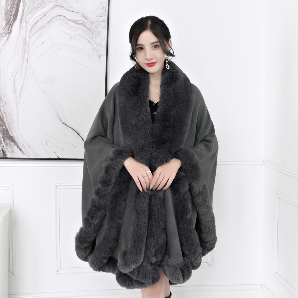 16 Colors Women String Rabbit Fur Collar Outstreet Wear Winter Thick Poncho Cardigan Long Cloak Big Pendulum Loose Shawl Coat