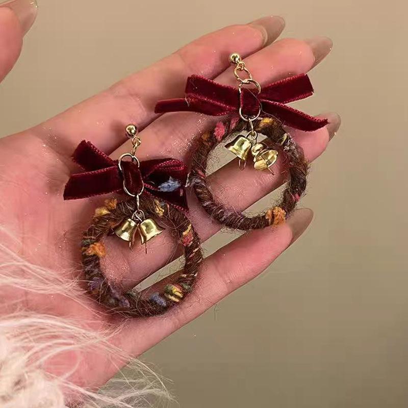 Women Zircon Snowflake Pearl Earrings Christmas Flocking Hairball Bowknot Studs Party Jewelry