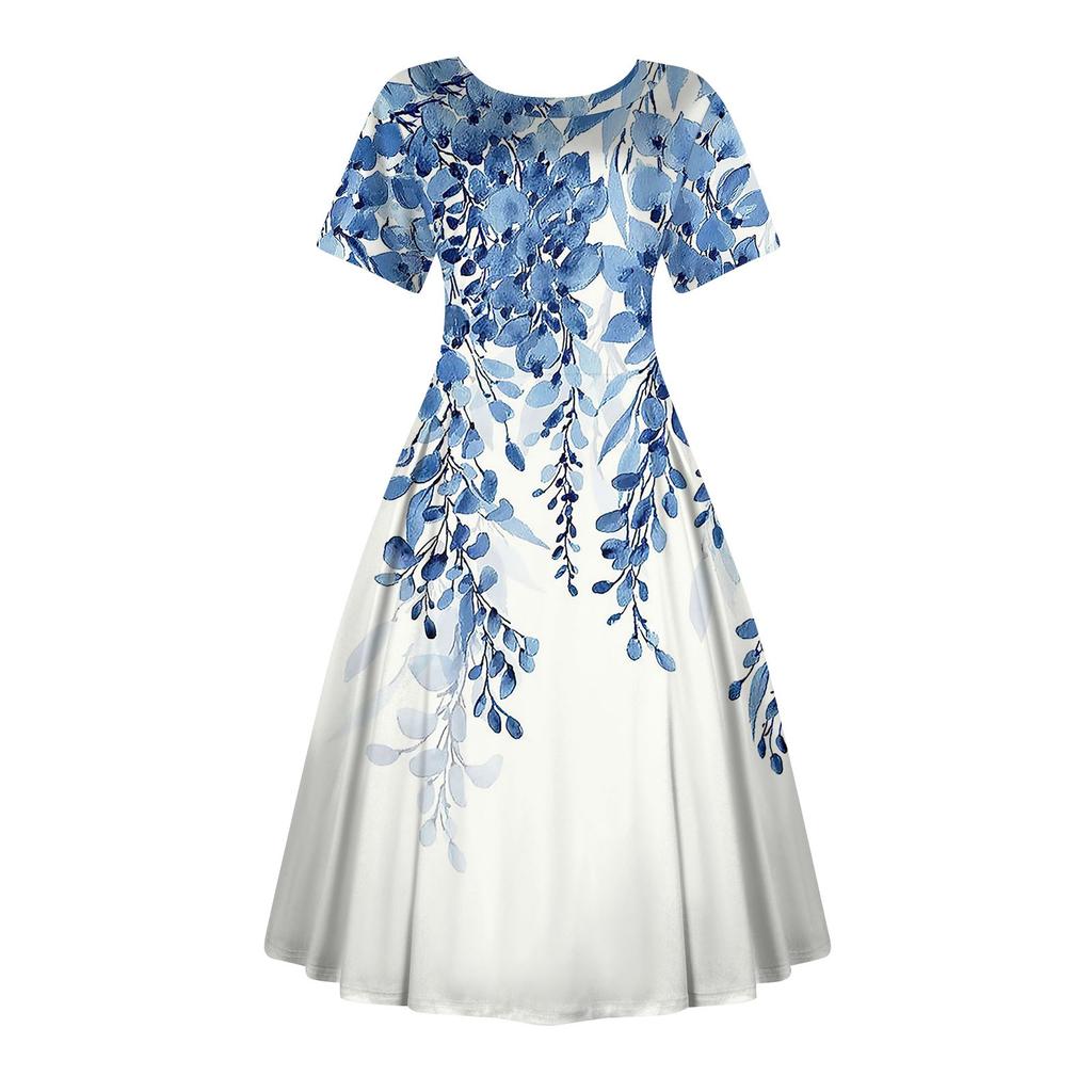 Женское повседневное модное платье с винтажным принтом, круглые платья миди с коротким рукавом и длинными большими распашными платьями