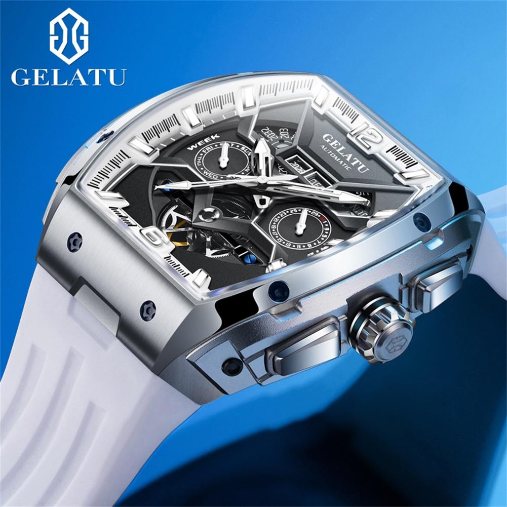 GELATU Automatic Men's Watches Original Silicone Strap Luxury Hollowed Dial Date Week 5Bar Waterproof Mechanical Man Watch 6013