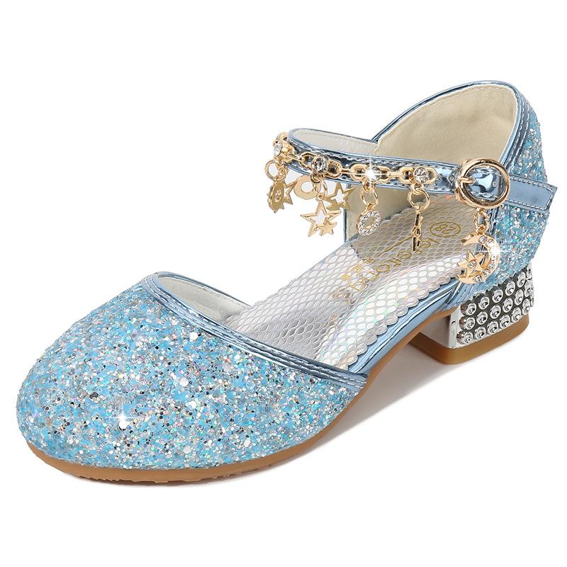 Summer new fashion girls' leather shoes, princess shoes, children's crystal shoes, soft-soled high-heeled shoes for little girls' runway performances