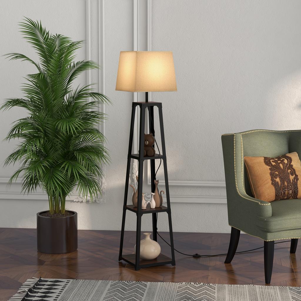 Floor Lamp in Metal and MDF with 3 Shelves with Fabric Shade, diameter 42x166 cm, Black and Beige