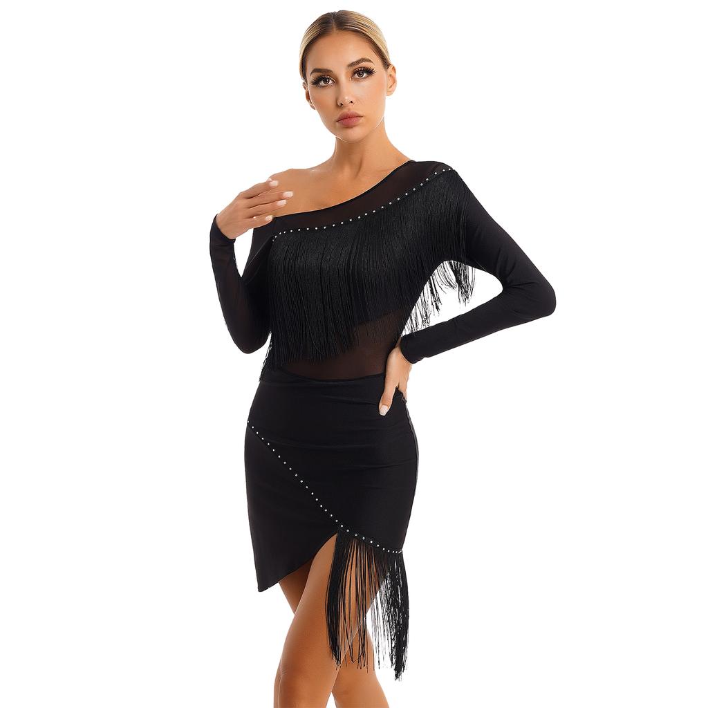 Womens Tango Dance Dress Oblique Shoulder Fringed Design with Sheer Mesh Patchwork and Irregular Hem Latin Costume
