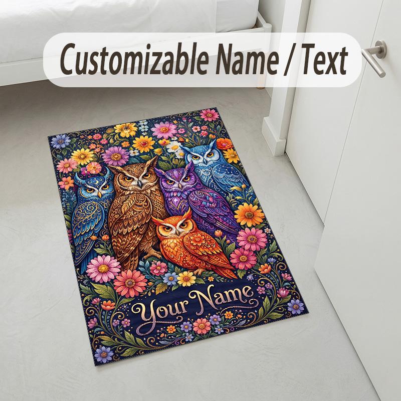 Colorful Owls Theme Soft Crystal Velvet Rug Custom Name & Text Print Non Slip Floor Rug for Bedroom Living Room