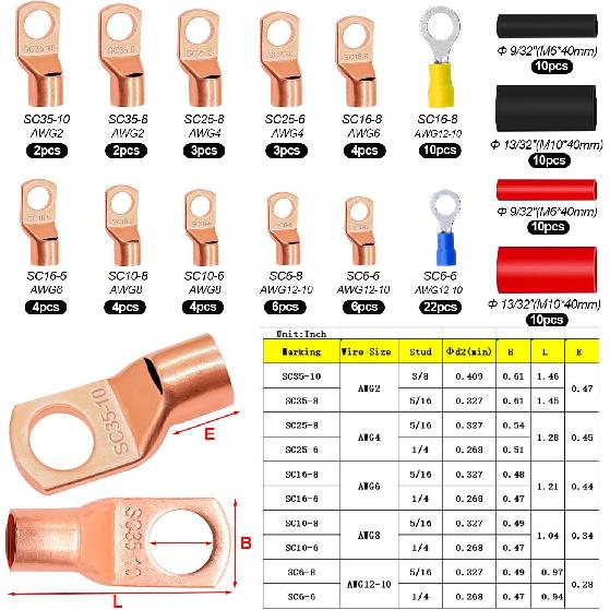 Taiss 110PCS Copper Wire Lugs,Battery Lugs AWG 2/4/6/8/10/12/14/16 Gauge Copper Lugs Assortment,Battery Cable Ends Copper Ring Terminals Connectors