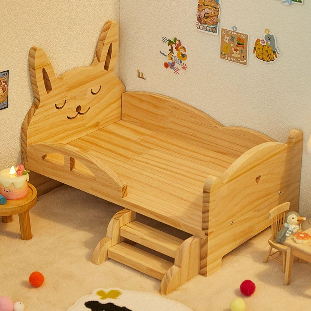 С лестницей Кукольная миниатюрная кровать Свинья Кролик Кукольный домик Игрушечная кровать Изысканная деревянная мини-кровать BJD куклы