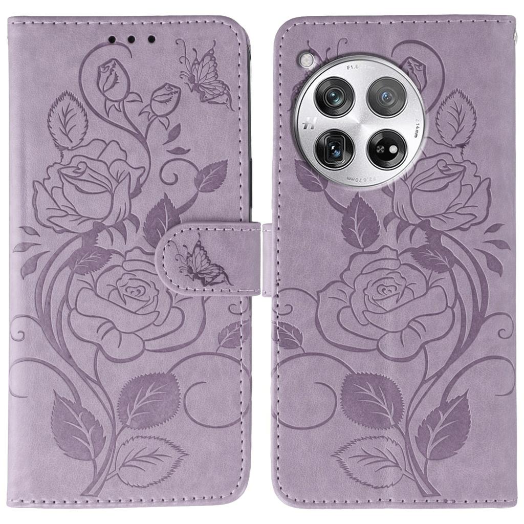 For OnePlus 12 5G Case Wallet Stand Imprinted Rose Butterfly PU Leather Phone Cover