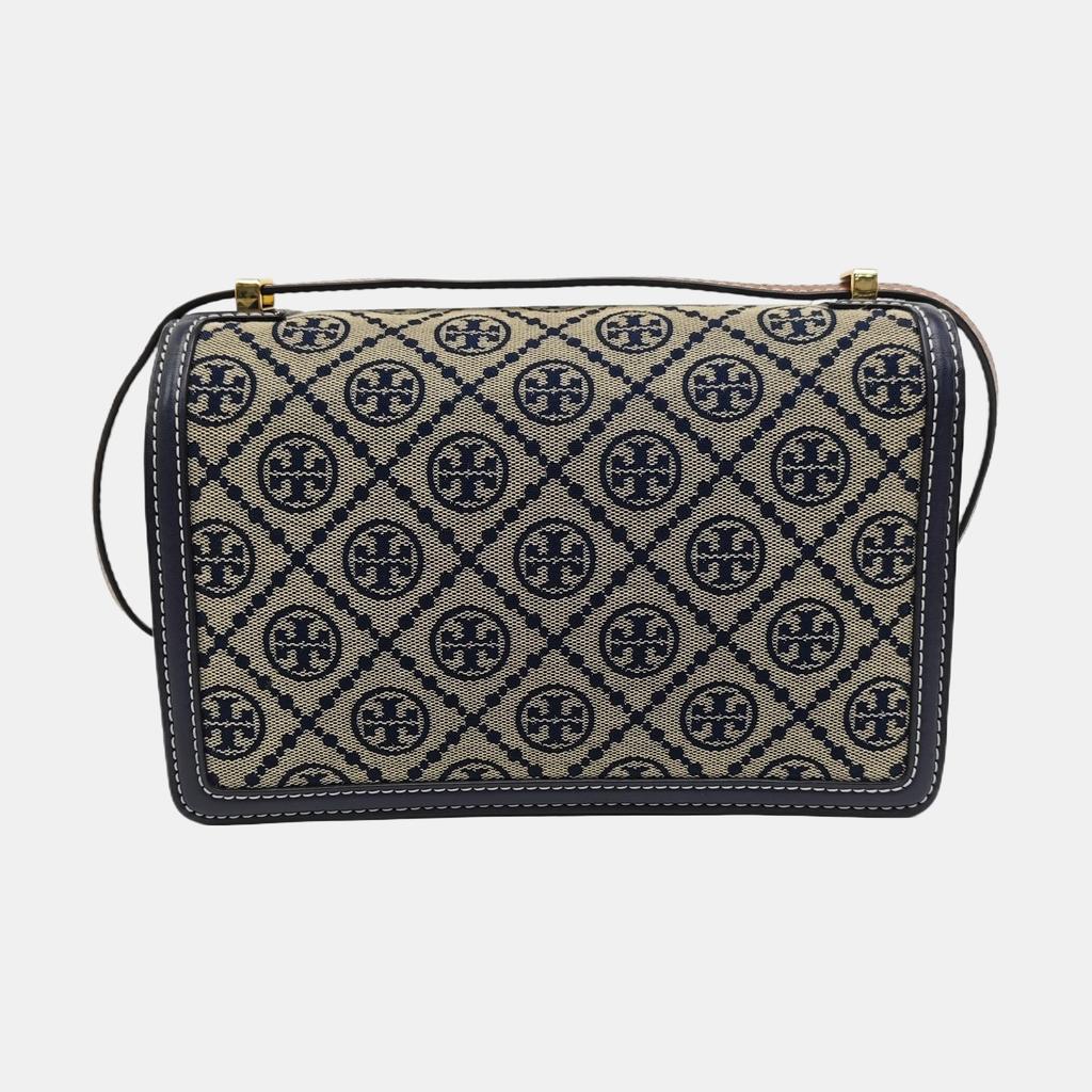 [Pre-Owned] T Monogram Woven Floral Jacquard Fabric With Leather Crossbody Shoulder Bag Small - Good #TT39NI