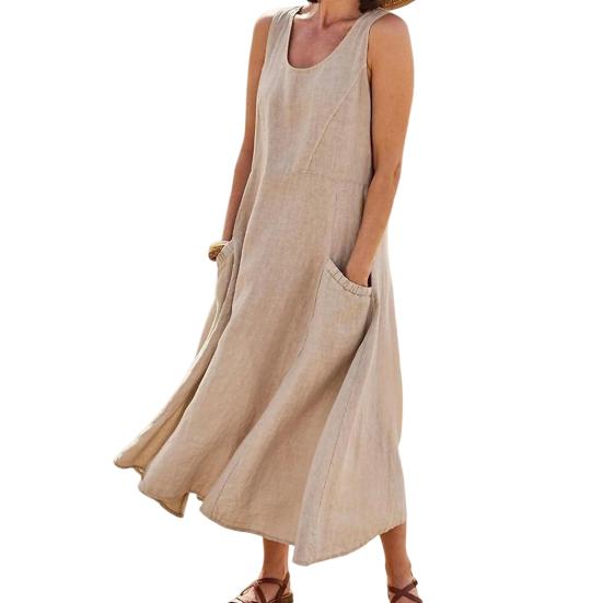 Women Summer Dresss O Neck A-line Loose Hem Sleeveless Pockets Soft Breathable Casual Mid-calf Length Sundress Daily Midi Dress