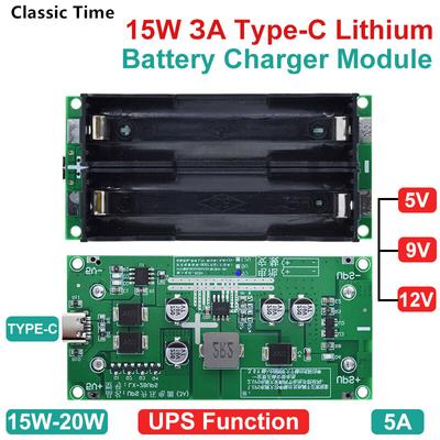 Type-C 15 Вт 3A 18650 Модуль зарядного устройства для литиевой батареи DC-DC повышающий усилитель Быстрая зарядка ИБП Источник питания/преобразователь 5 В 9 В 12 В