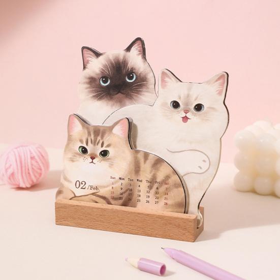 2026 Small Desk Calendar with Wooden Base Cute Dog Cat Patterns Monthly Planner