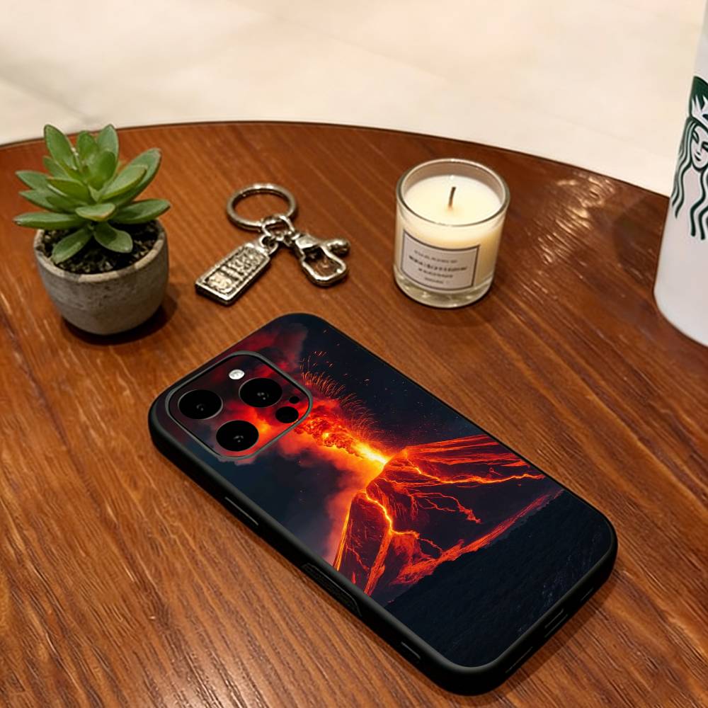 Чехол для телефона 'Извержение лавы' для iPhone 17,16,15,14,13,12,11 Plus,Pro Max,XS, Мягкий силиконовый черный чехол