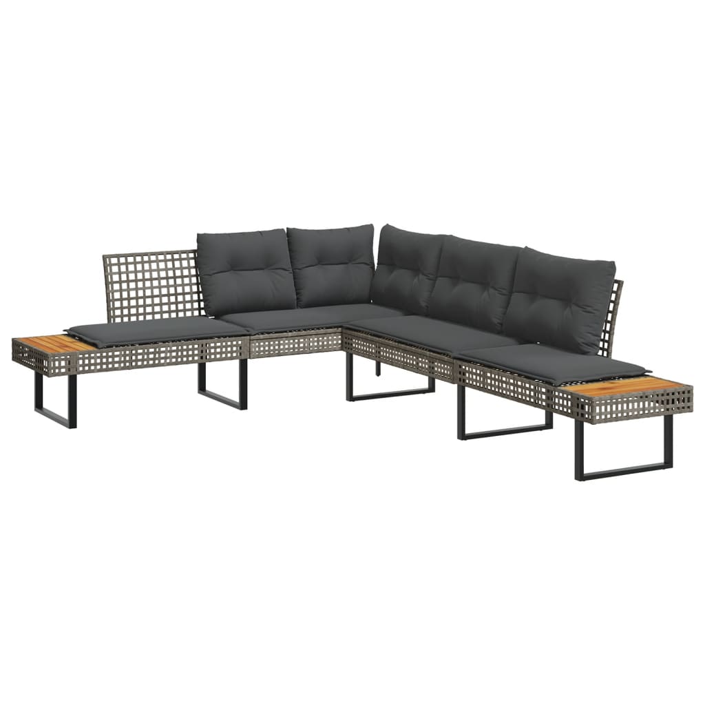 L shaped Garden Sofa with Cushions Grey Poly Rattan and Acacia