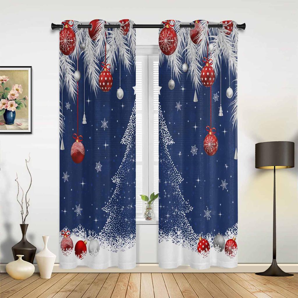 Blue Christmas Tree Christmas Ball Snowflake Print Curtains Bedroom Living Room Drapes Kitchen Window Curtain Home Decoration