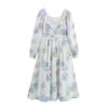 Kaslead New Arrival Women's Fashion Style Casual Simple Chiffon Retro Square Collar Print Long Dress