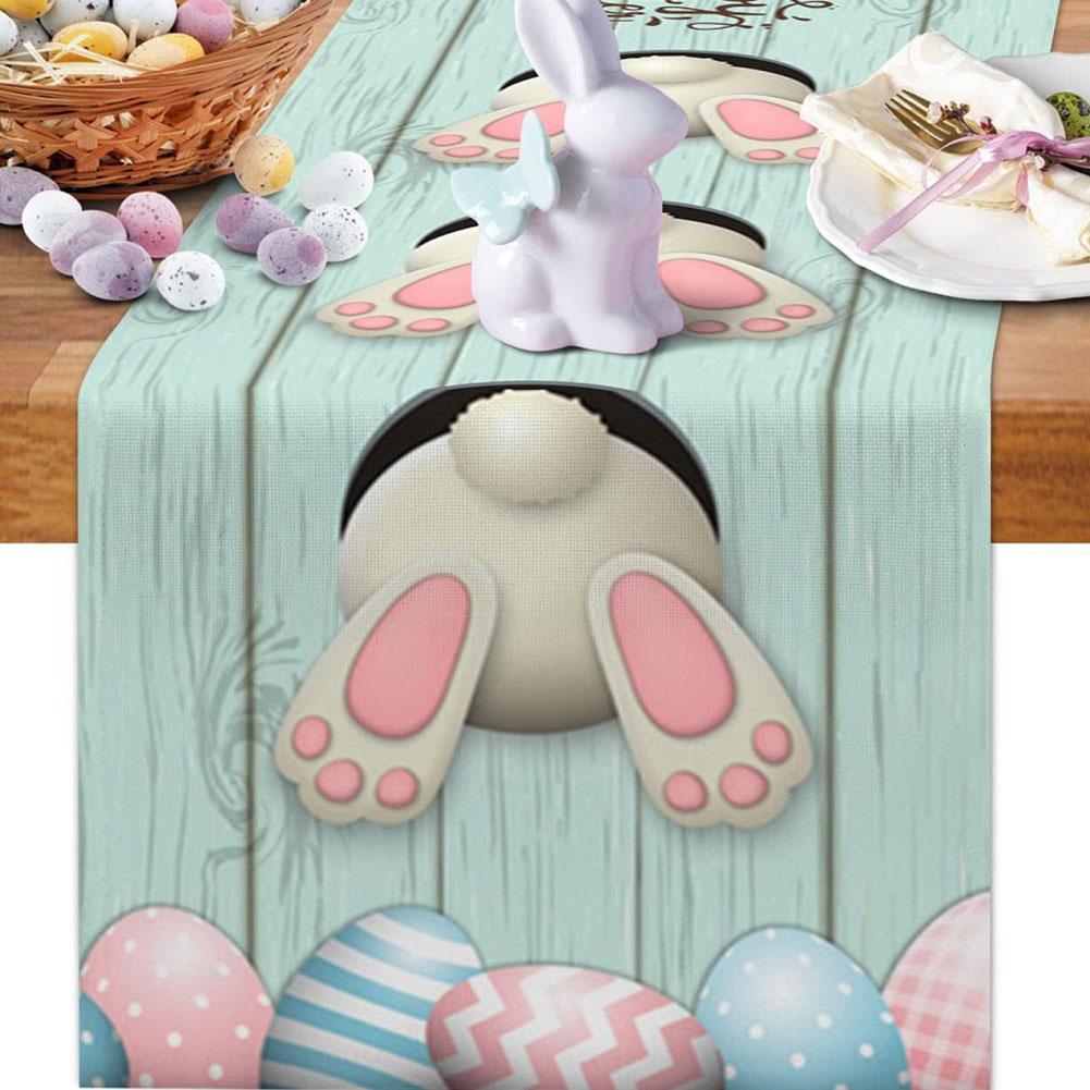 Easter Bunny Linen Table Runner Bunny Dining Table Cloth Placemat Washable Table Flag Spring Holiday Happy Easter Decoration