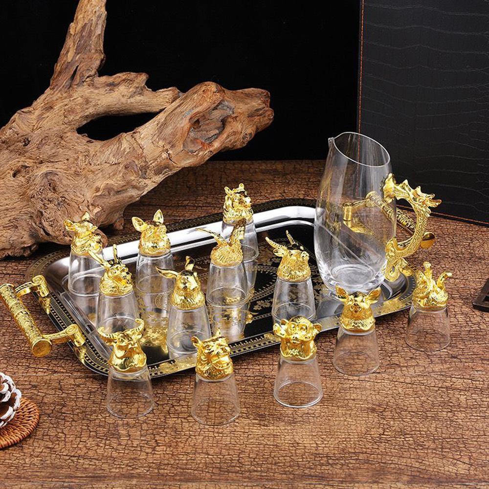 Luxurious Retro Zodiac Crystal Glass Liquor Set Home Use White Wine Cup Family Kit 12 Pieces Hard Liquor Glasses Gift for Friend
