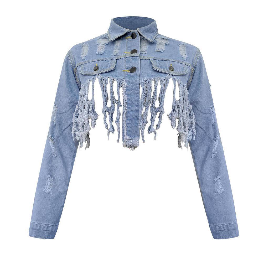 Women's Cropped Jacket With Holes On The Back And Cutout Denim Jacket