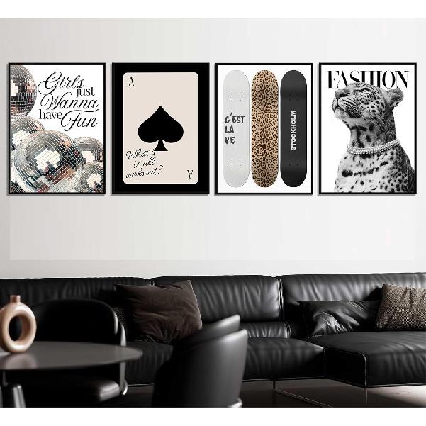 Модное леопардовое настенное искусство в стокгольмском стиле Декор стен комнаты Шикарный Роскошный Мода Y2k Гепардовые Постеры Диско-шар Девочки Хотят Веселиться Фотографии Печать