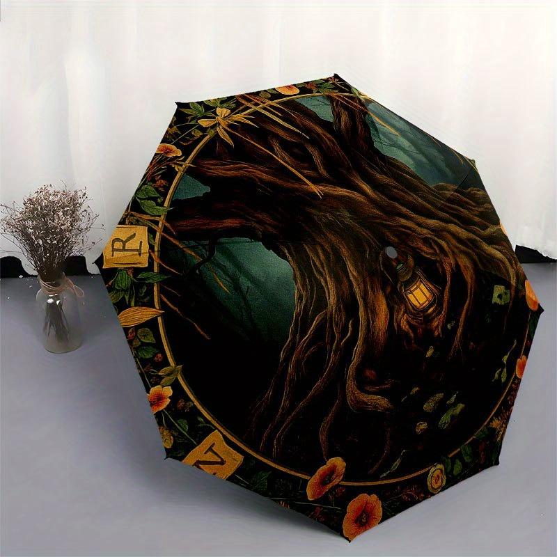 Enchanted Forest Tree with Lantern Wall Art Print Umbrella, Portable 3-Fold Compact Umbrella for Men & Women R138