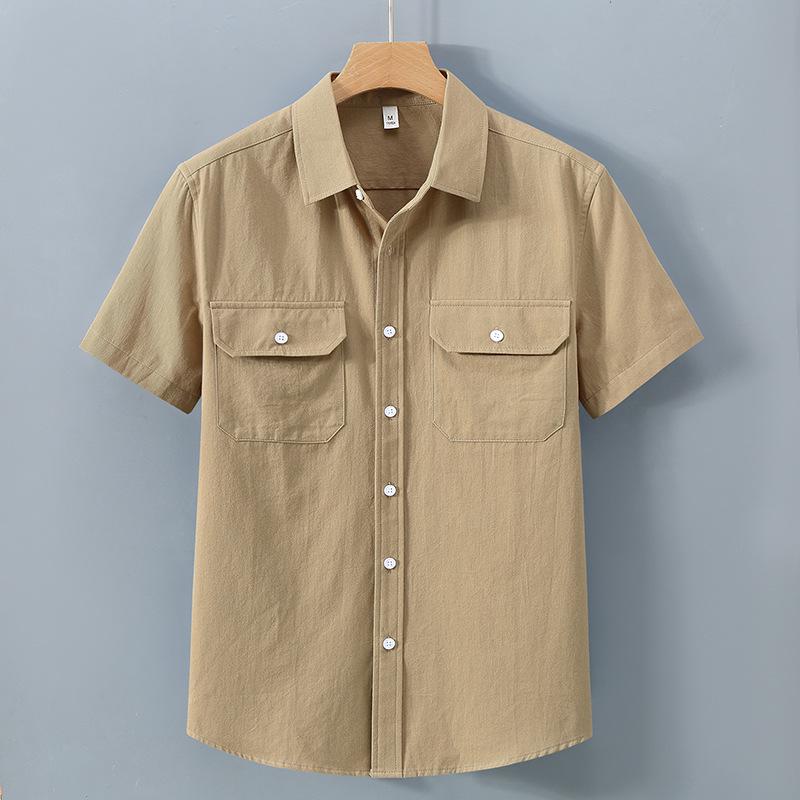 Мужская летняя белая повседневная хлопковая рубашка с двойным карманом