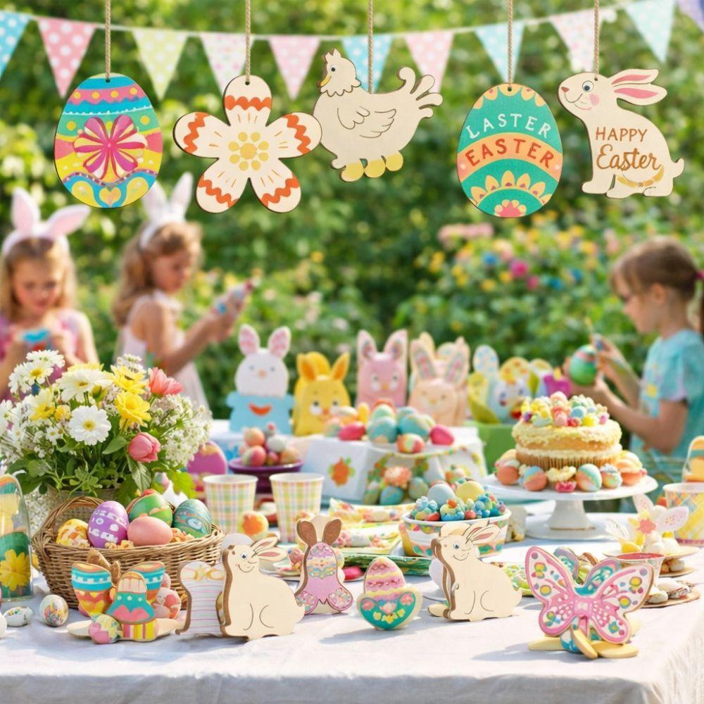 8 Pieces Unfinished Wooden Easter Egg Graffiti Painting Toy Easter Painted Crafts Home Decor