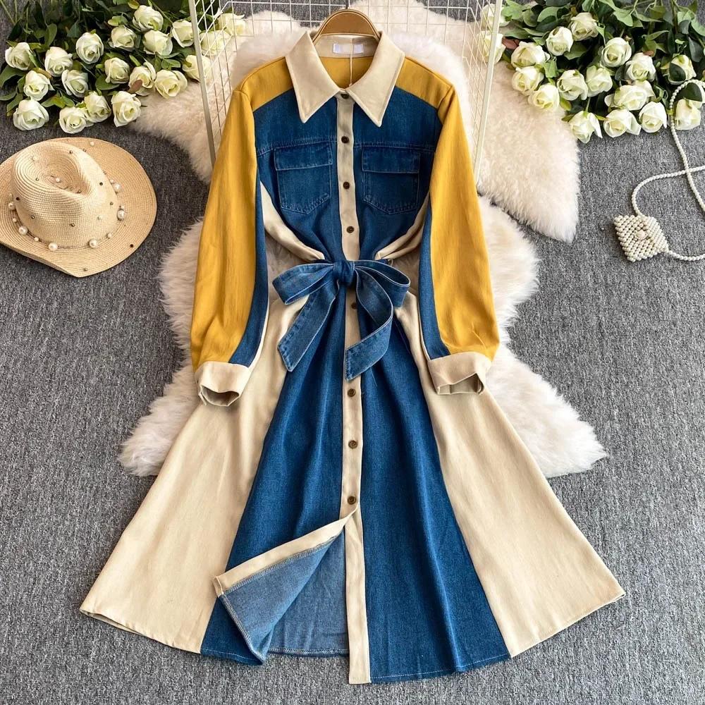 Lace Up High Waist Women 2025 Dresses Patchwork Denim Dresses Laple Long Sleeve Dress Femininos French Style Clothing