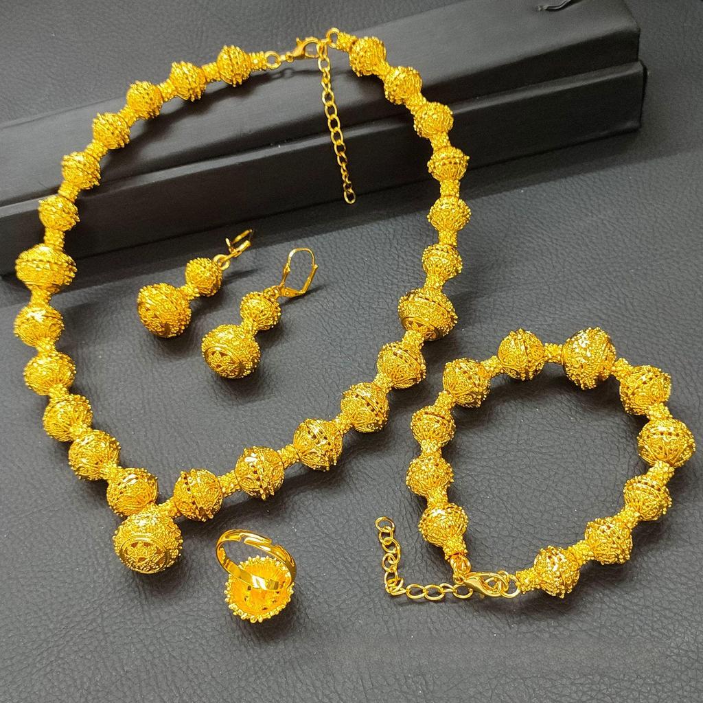 Комплект свадебных украшений из золота 24 карата в Дубае: Ожерелье, серьги, браслет, кольцо с круглым шариком из сплава