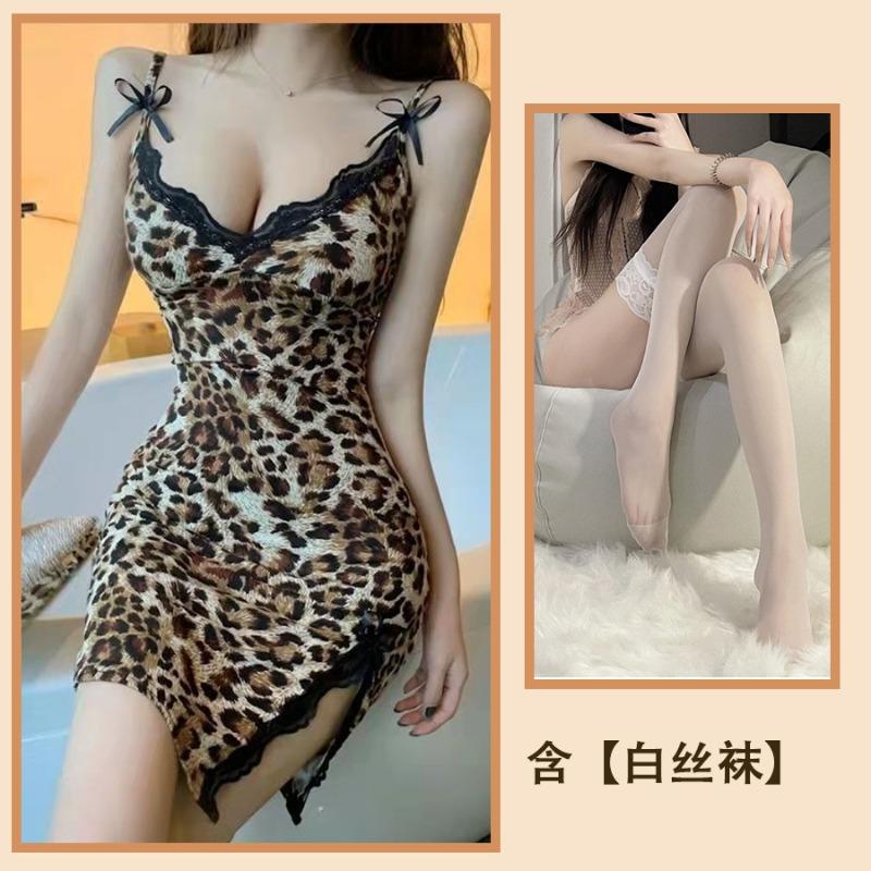 Sexy Lace Leopard Print V-neck Thin Ice Silk Slim Suspender Nightdress Temperament Lace Dress
