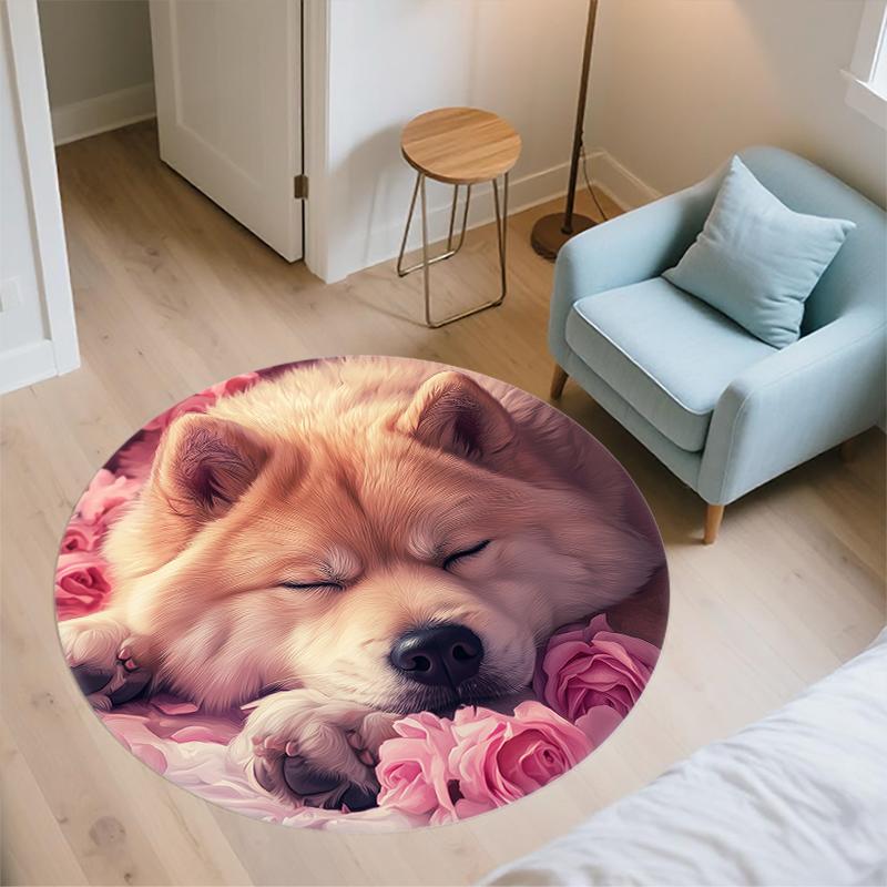 Shiba Inu and rose pattern round rug,Carpet Rug for Living Room Bedroom Playroom ,Non-slip Floor Mat,Holiday Gifts and Birthday Gifts.