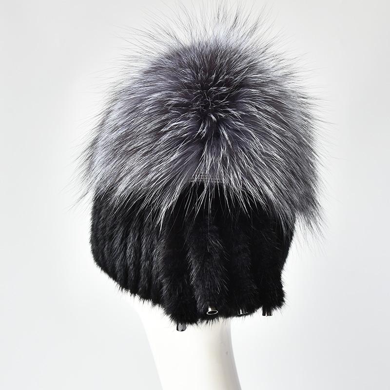 Natural Mink Fur Hats for Women Winter Hand Woven Fur Tail Fox Fur Knit Caps Fashion Design Warm Female Ski Beanie