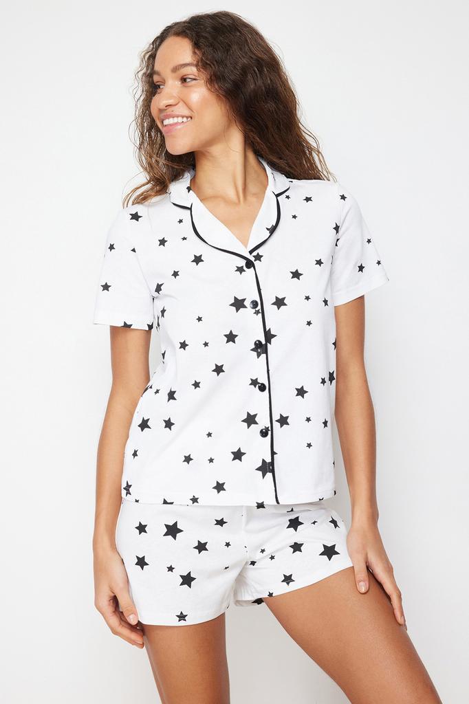 Women's Style Homewear Sleepwear White Multicolored 100% Cotton Fun Patterned Knitted Pajama Set