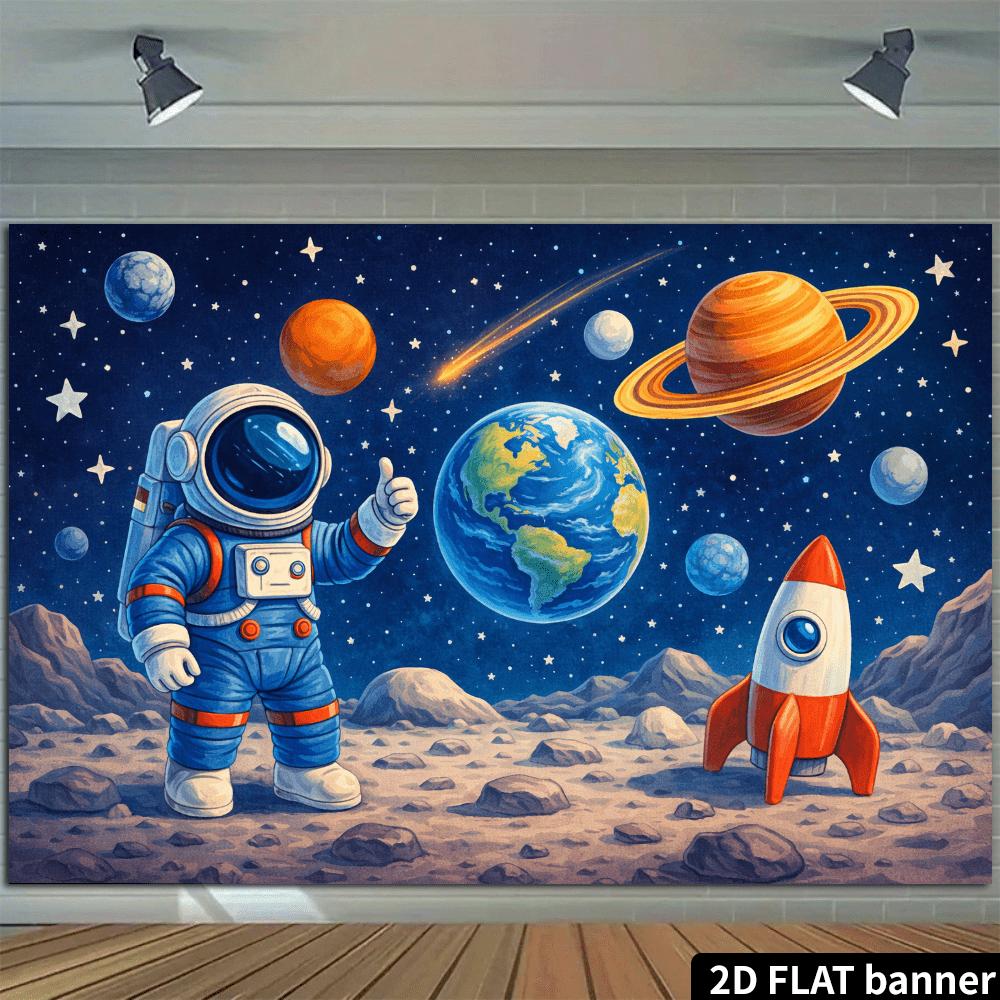 2D plane blue spacesuit astronaut background fabric. Cartoon astronaut wearing blue spacesuit giving a thumbs-up gesture.