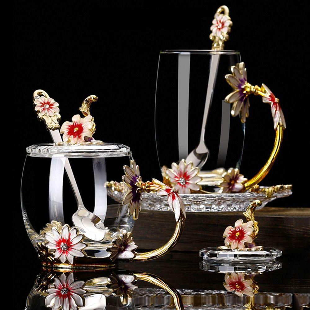 Эмалированный цветок чайная чашка набор тарелок элегантный цветок чайная чашка набор необычные стеклянные кофейные кружки подарок маме