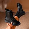 Черные современные ботинки из искусственной кожи для женщин Осень Зима На шнуровке Платформа Ботильоны Женские На молнии Короткие плюшевые ботильоны Женские