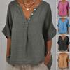 Cotton Linen Women Shirt V-Neck Buttons Half Placket Half Sleeve Breathable Loose Fit Tops Daily Wear