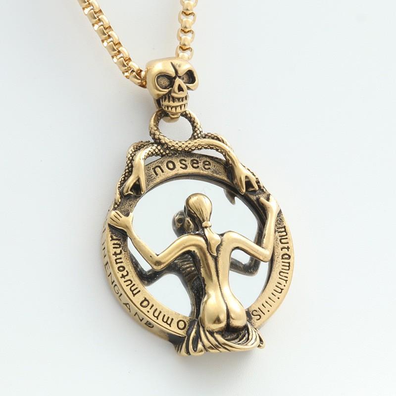 Stainless Steel Skull Mirror Pendant Necklace Men Women Vintage Punk Geometric Charm Jewelry Gift