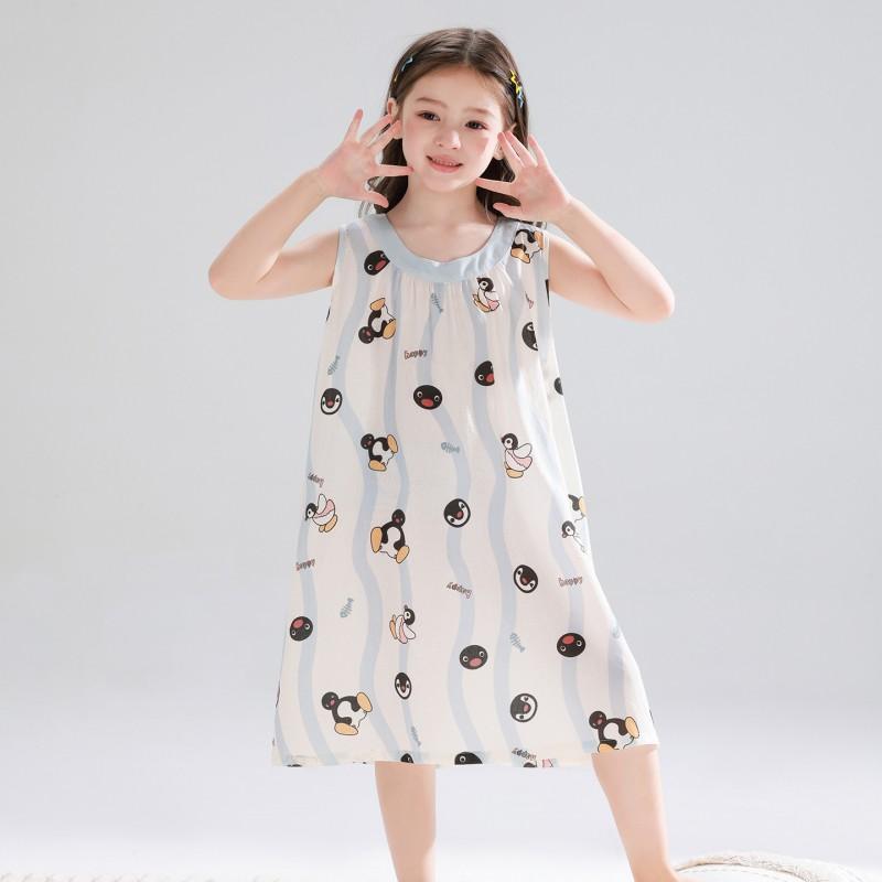 Tencel Girls Sleeveless Nightdress Cartoon Print Pajama Dress Kids Comfortable Sleepwear