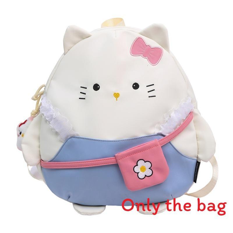 Cat Cartoon Embroidered Backpack For Girls Large Capacity Nylon School Bag With Zipper Closure For Daily Use