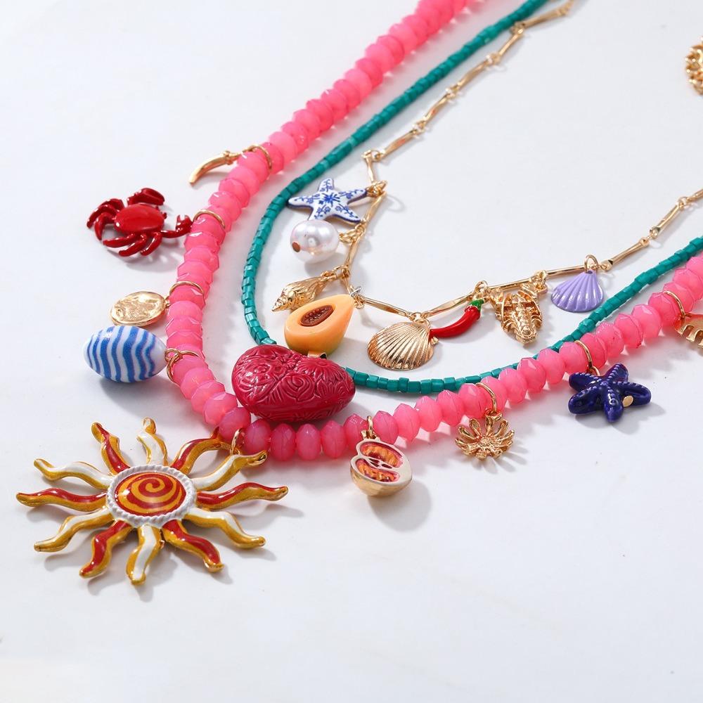 3PCS Dopamine Summer Vacation Beaded Necklace Heart Ocean Style Pendant Necklaces