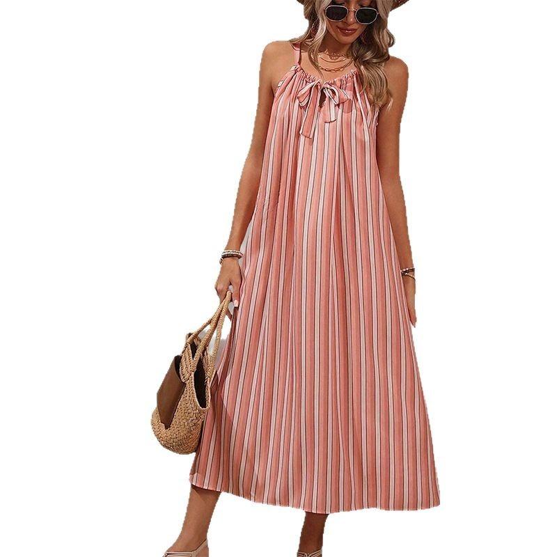 Women's Summer Halter Dress Bow Striped Loose Dress