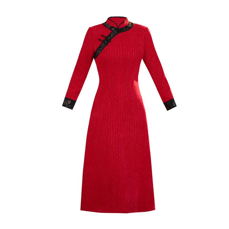 Winter thickened long A version slim fit improved mother dress cheongsam skirt Xi mother-in-law banquet dress daily cheongsam