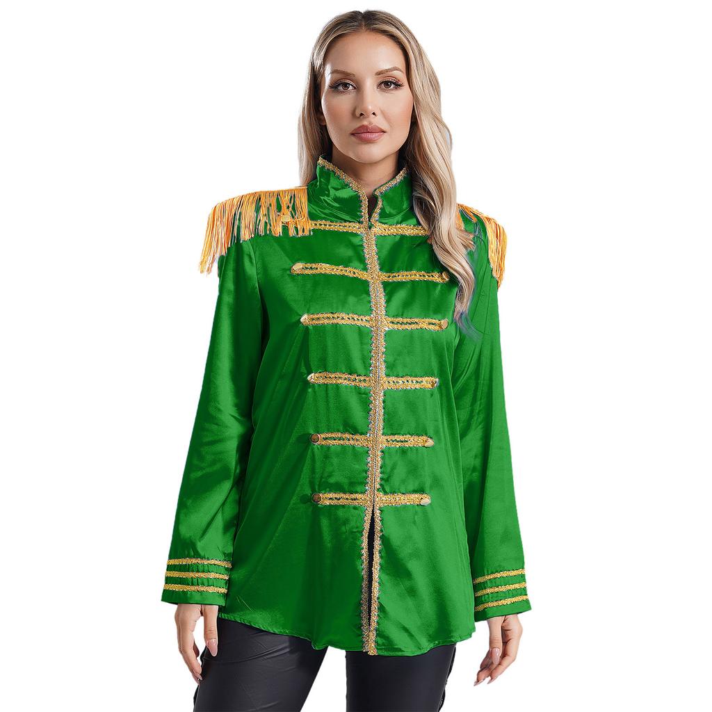 Womens Halloween Medieval Style Outerwear Tassel Shoulder Pads Gold Trim Front Zip Satin Jacket