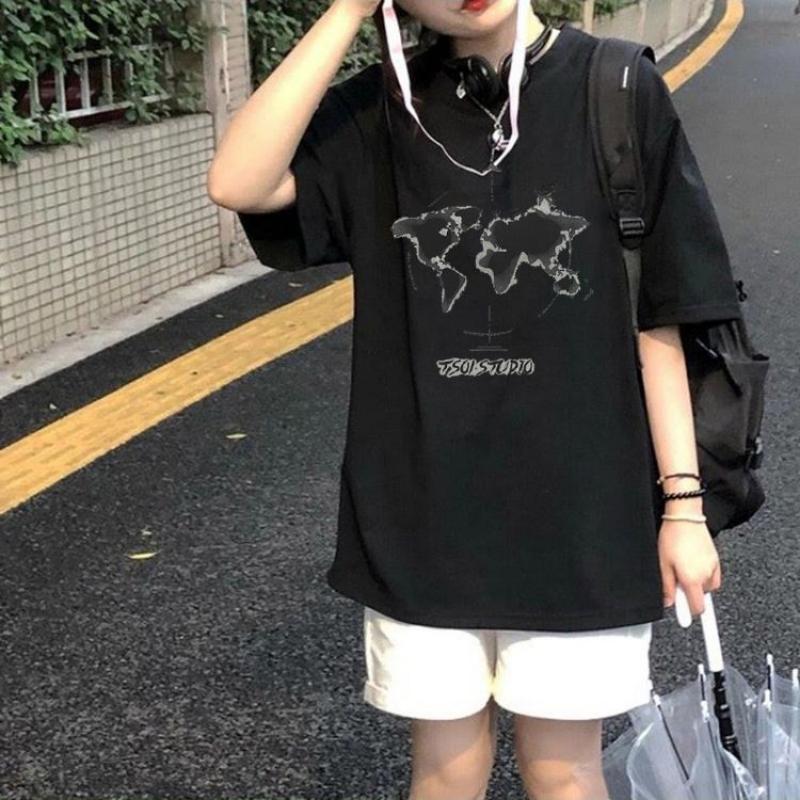 Летняя женская футболка большого размера с принтом, хлопковая студенческая корейская версия свободной футболки с короткими рукавами