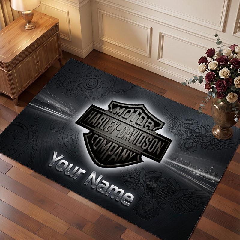 Harley-Davidson Personalized Crystal Velvet Carpet, Customized Name Text Soft Anti‑Slip Rug for Living Room Bedroom