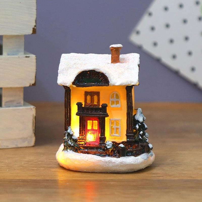 62KD Christmas LED Lighted Miniature Snow House Resin Ornament Village Scene Battery Operated Luminous Figurine Xmas Decor