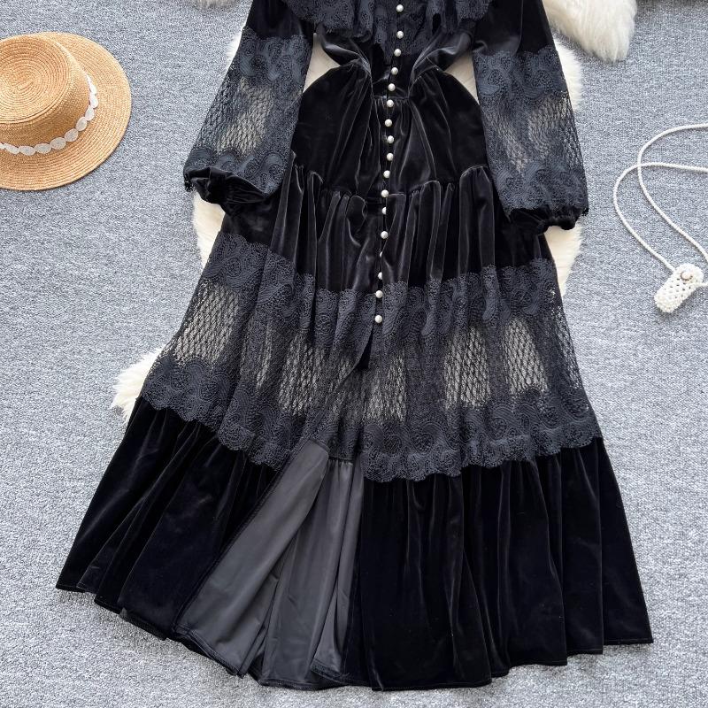 Платья High Street Женские ретро кружевные пэчворк золотые бархатные платья с французской жемчужной пряжкой длиной до талии винтажные шикарные платья