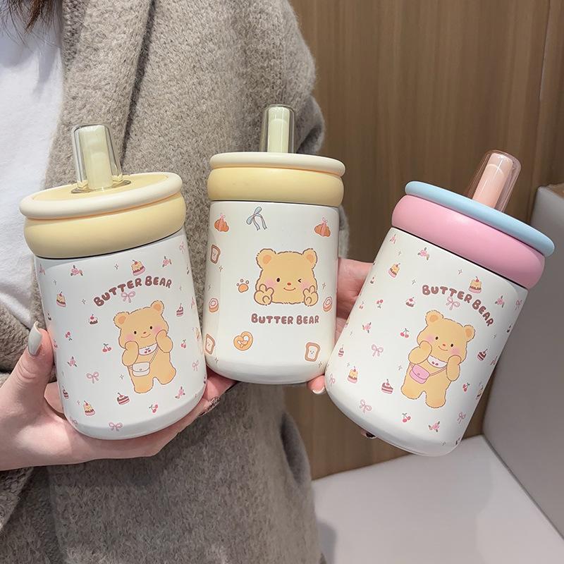 500ml Cute Butter Bear Insulated Straw Cup, 304 Stainless Steel Vacuum Tumbler, Portable Leak-Proof Mug For Girls & Kids